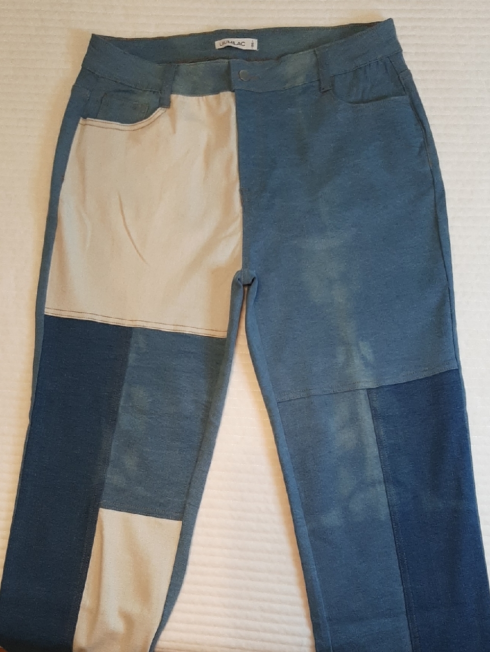 LIUMILAC 2 XL Patchwork Style Blue and Cream Women Jeans